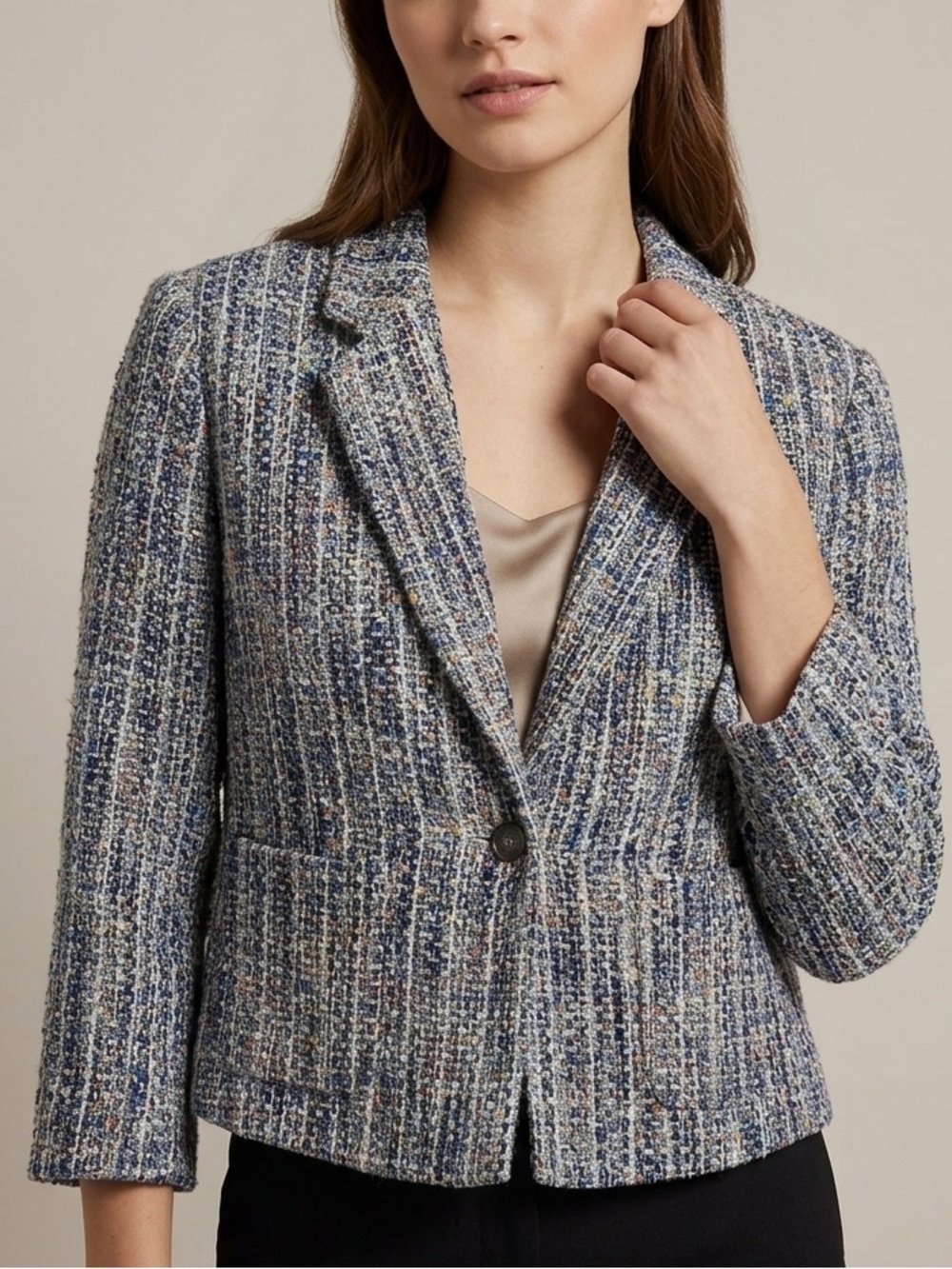 Melanie Lyne Blue‎ Tweed Single-Button Blazer Jacket Size 14 XL